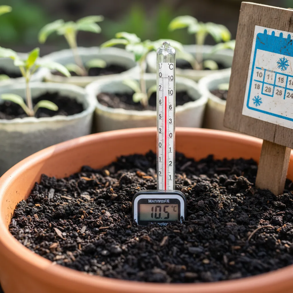 Thermomètre mesurant la température du sol du potager en début mai, affichant 10-12°C avec jeunes plants de tomates en pots prêts à être transplantés