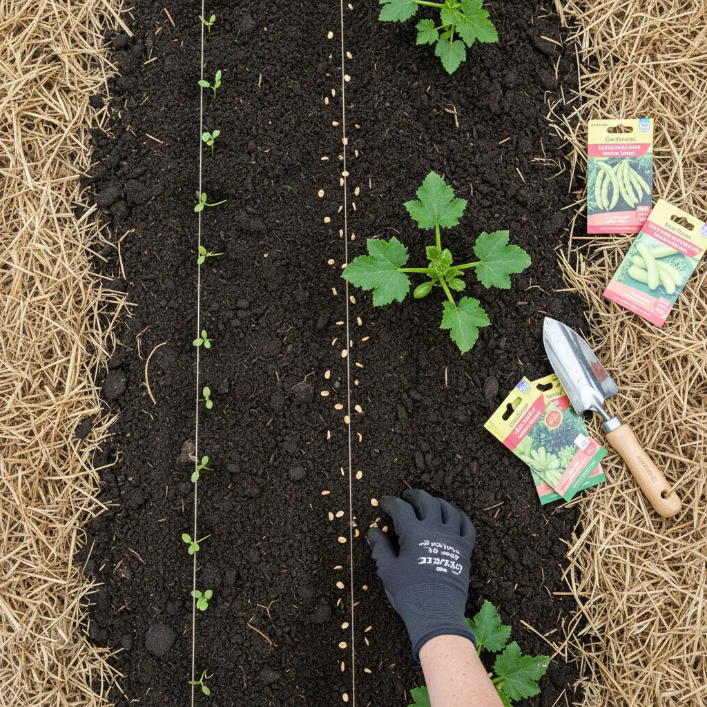 Main gantée parsemant des graines de haricots et courgettes dans des sillons du potager avec paillage en paille